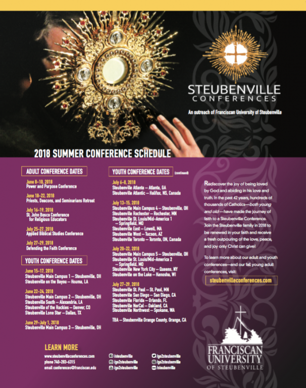 listing of the 2018 Steubenville summer conferences