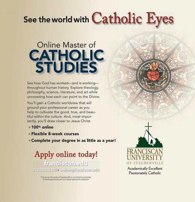 Ad for Franciscan University's Online Master's in Catholic Studies.