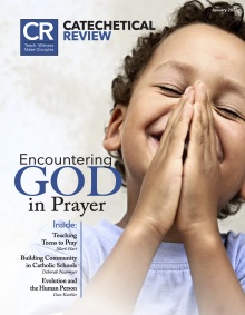 Catechetical Review January 2022 cover with theme Encountering God in Prayer and picture of smiling boy praying