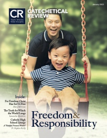 January 2023 cover of Catechetical Review with Father pushing son on swing